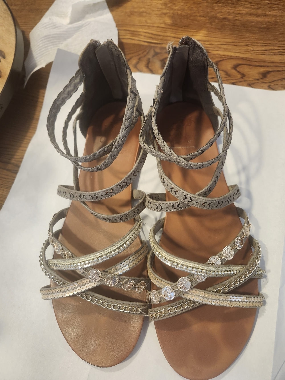 JellyPop Braided Gladiator Sandals in Taupe with Metallic Accents